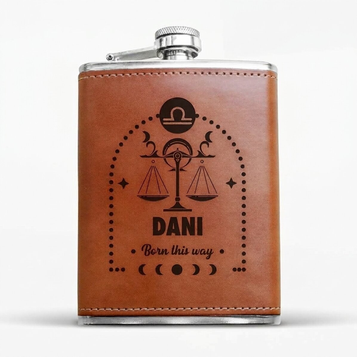 Leather-covered pocket flask personalised with text and zodiac sign - Libra