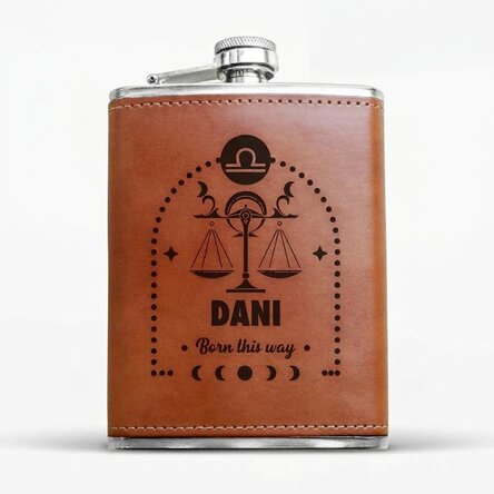 Leather-covered pocket flask personalised with text and zodiac sign - Libra