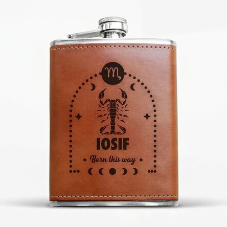 Leather-covered pocket flask personalised with text and zodiac sign - Scorpio