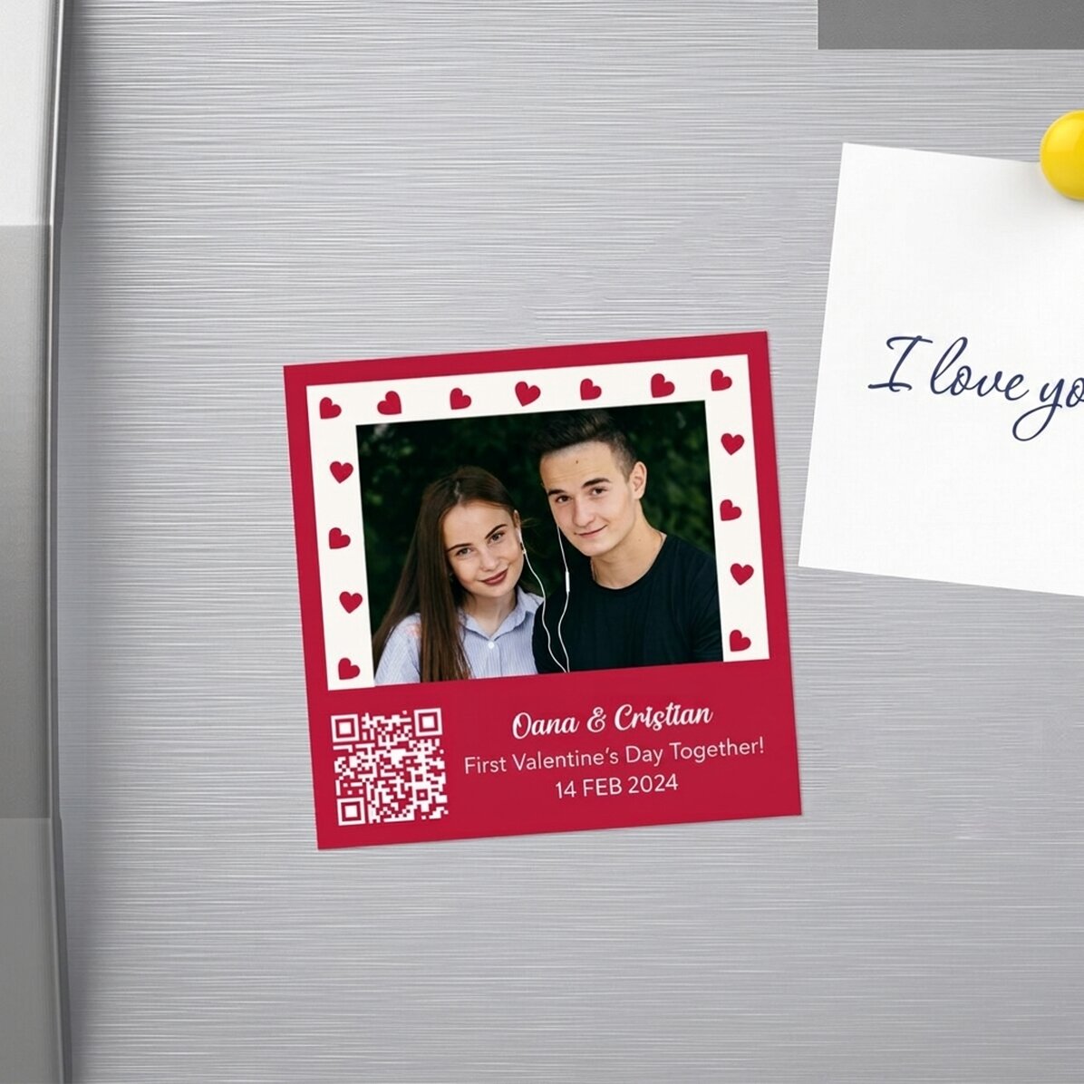 10x10 magnet personalised with photo, message and QR code