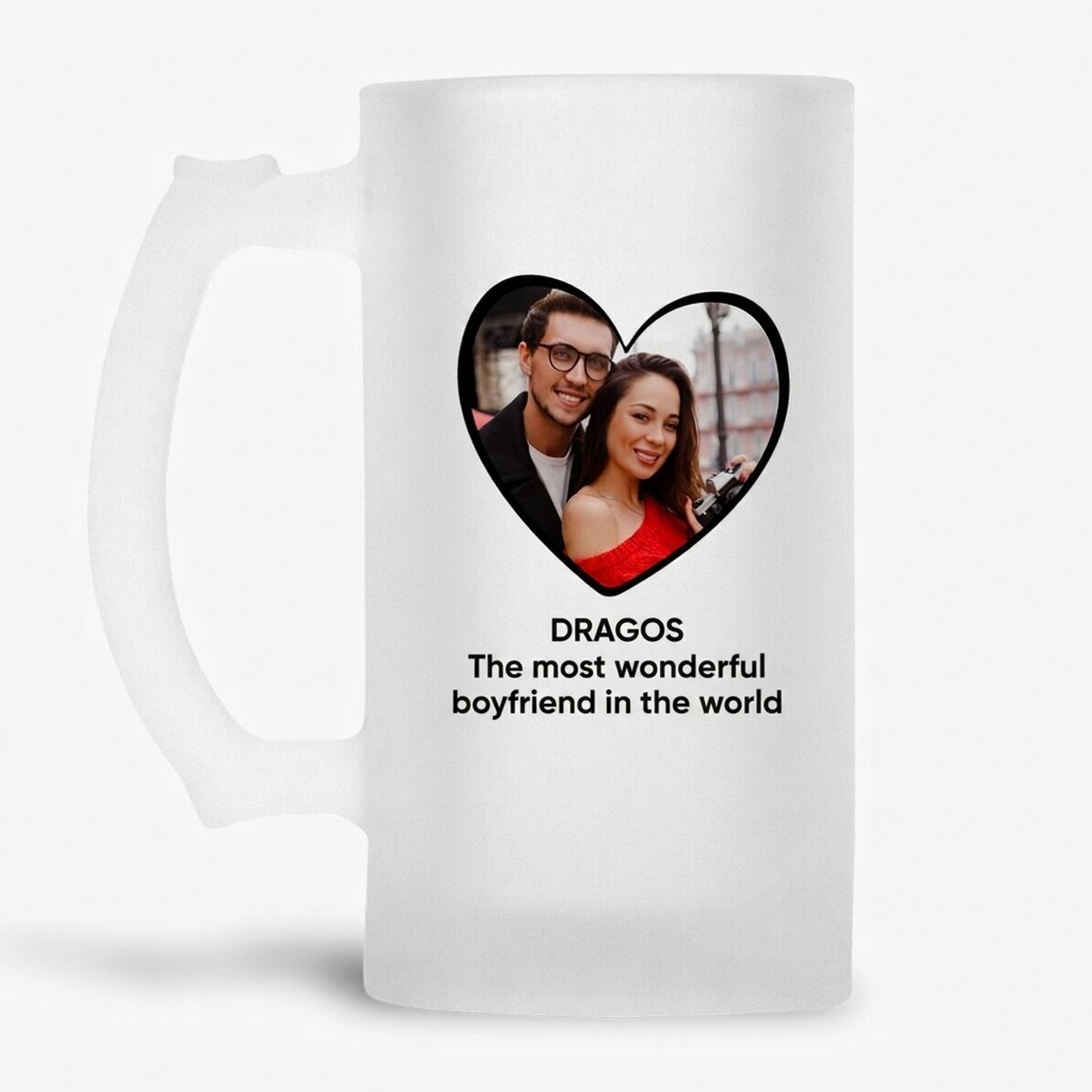 Personalised beer mug with a heart-shaped photo and message