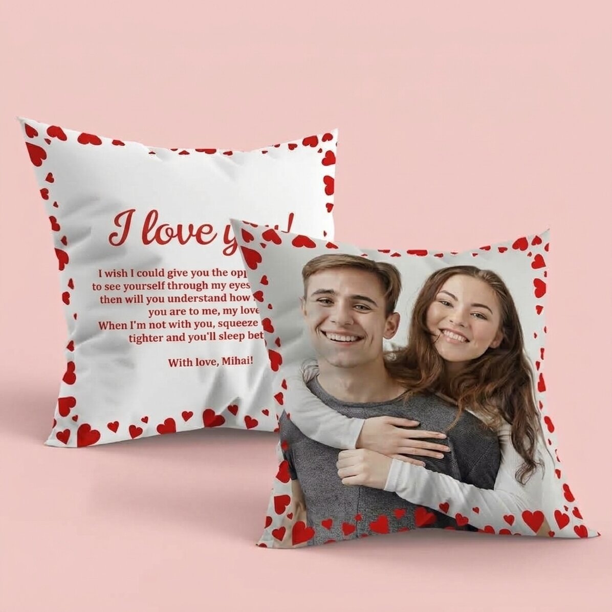 Personalised cushion with a photo and message on both sides - Love