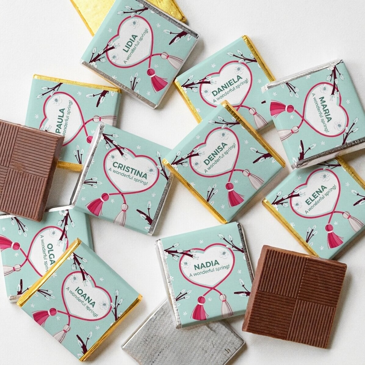 Set of 10 mini chocolates personalised with text - Spring