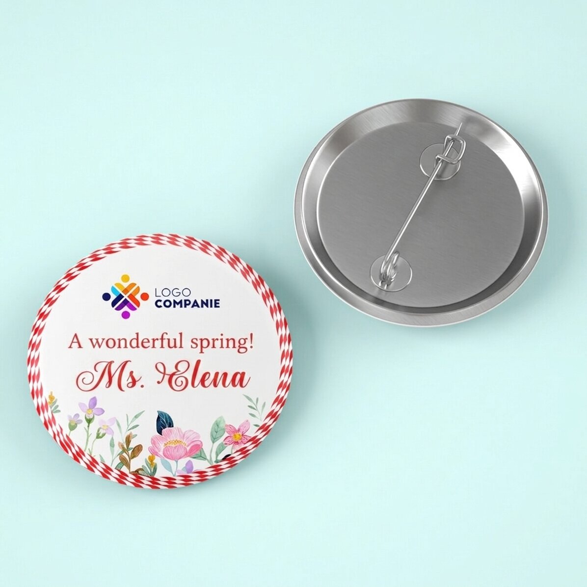 Personalised badge with logo, name and message