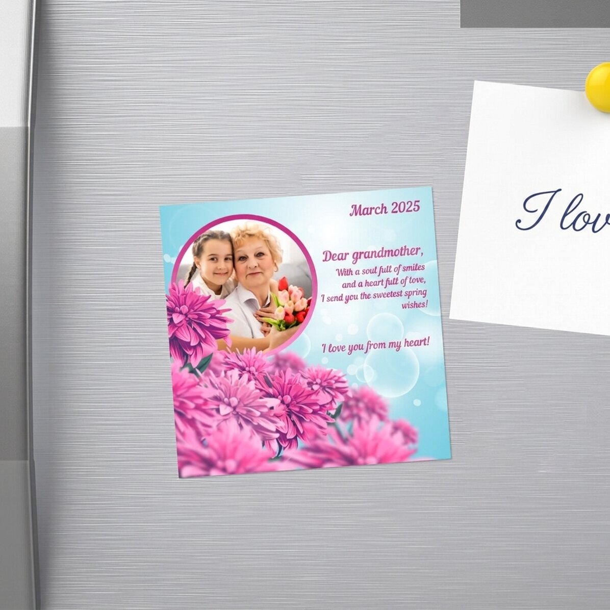 Personalised 10x10 magnet with photo and text - Pink Spring