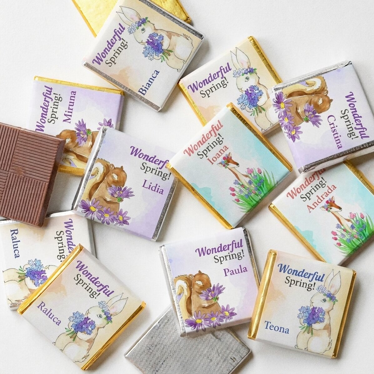 Set of 10 mini spring chocolates personalised with text - Watercolour spring
