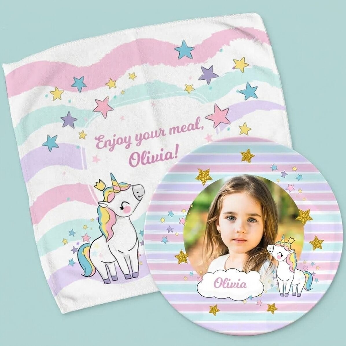 Personalised set – plate and tea towel – Unicorn