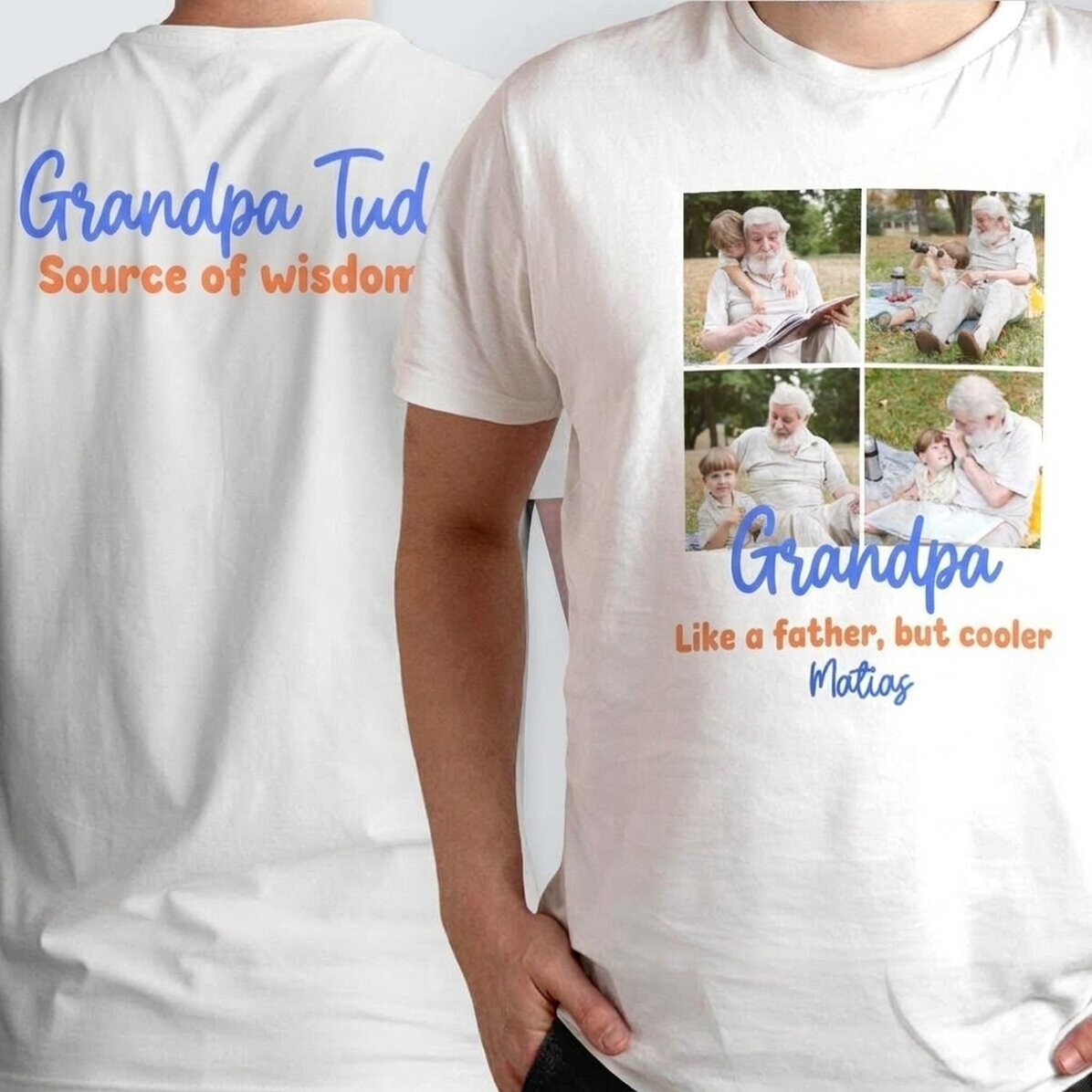 Personalised cotton T-shirt with 4 photos and text on the front and back - Memories