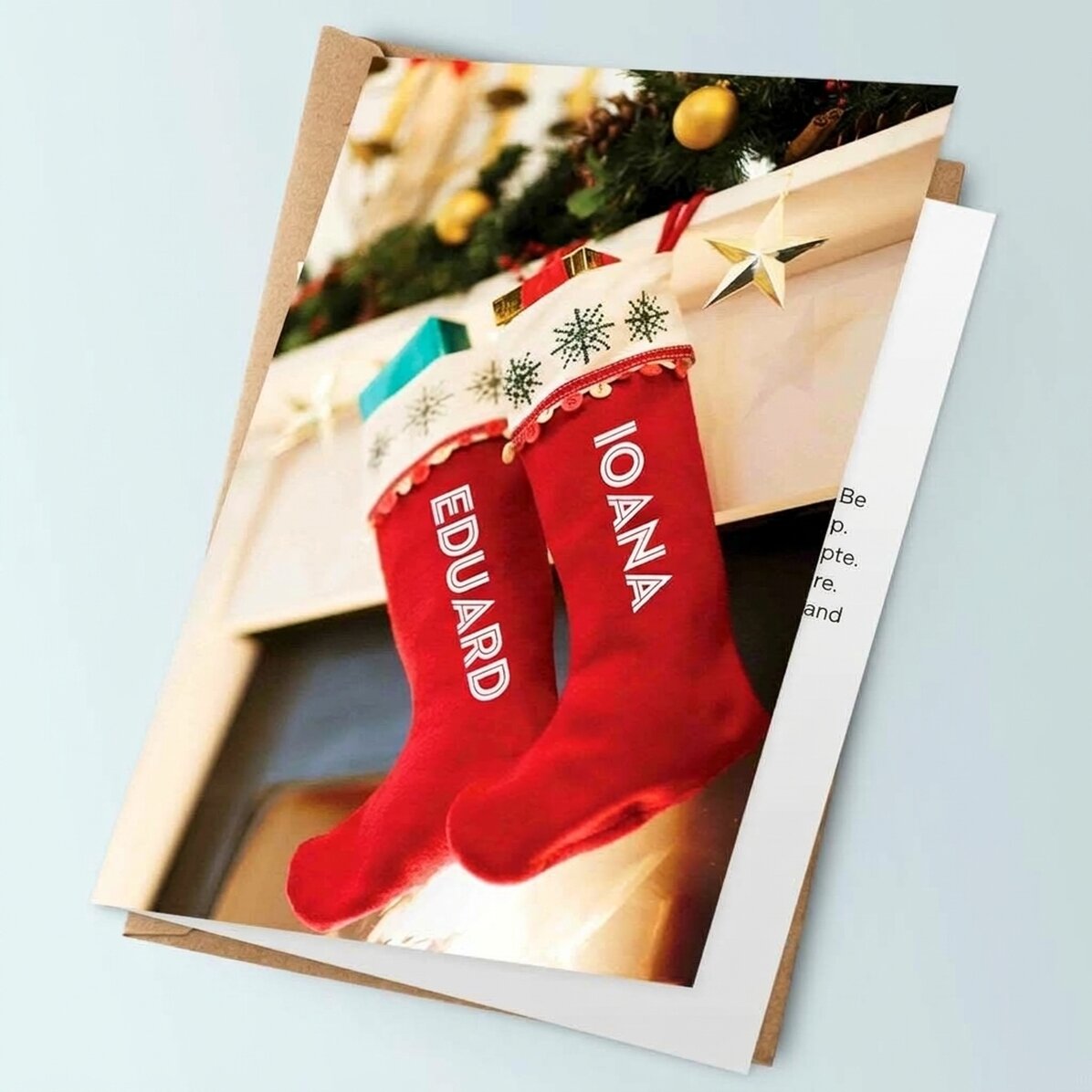 Personalised Christmas card - socks on the fireplace