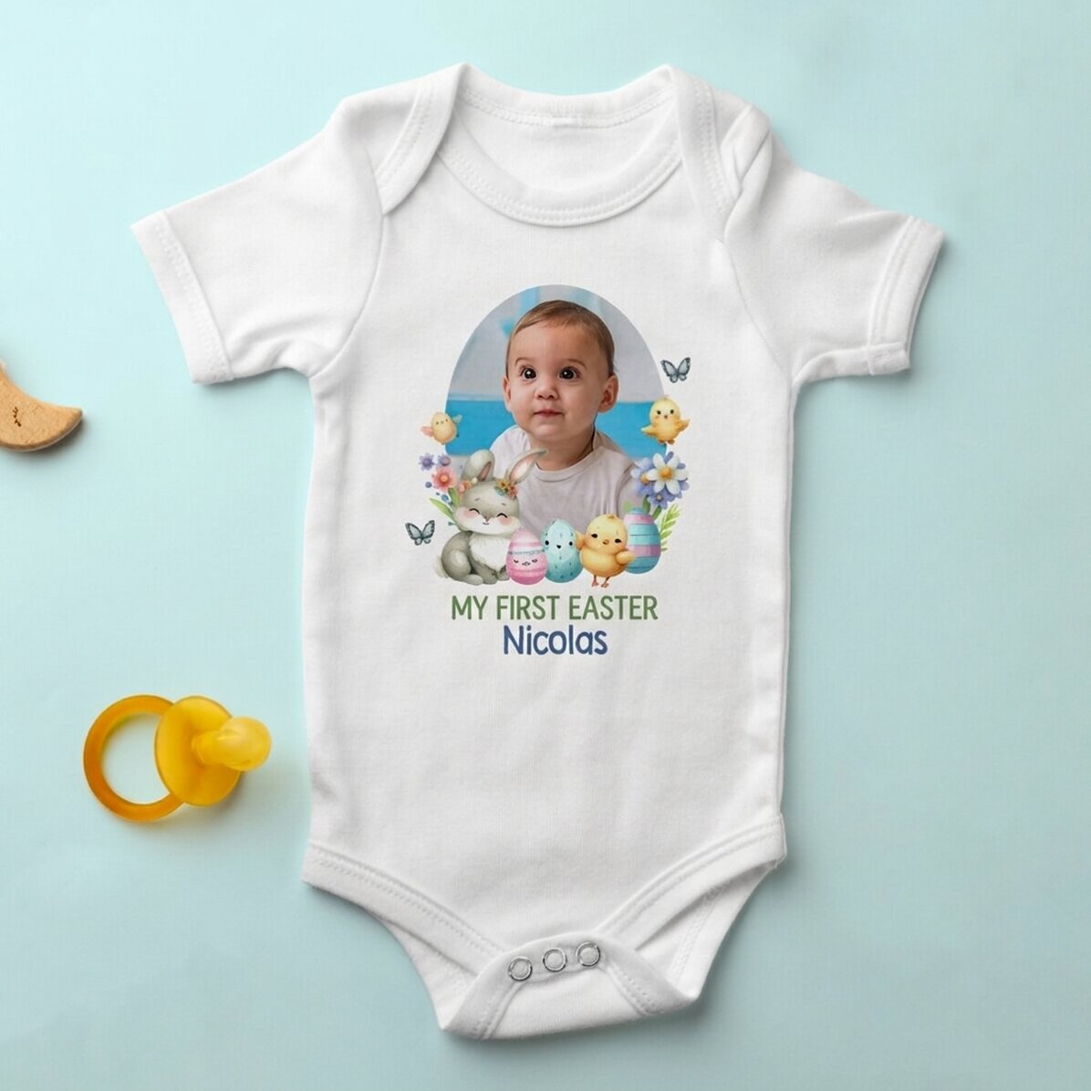 Personalised baby bodysuit with photo and message - My first Easter