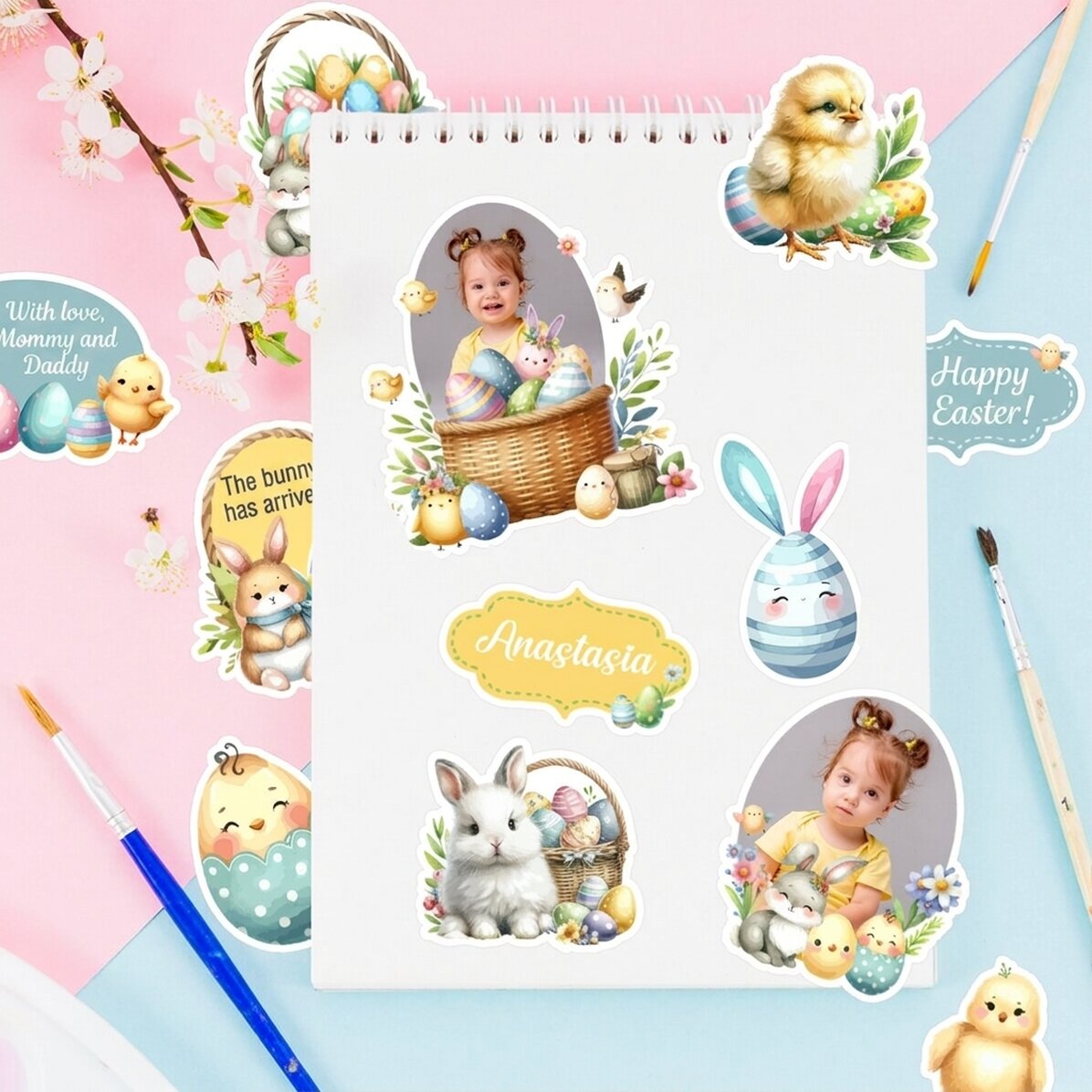 Set of customised stickers (self-adhesive labels) with photos and text - Happy Easter!