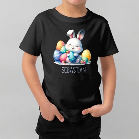 Personalised cotton T-shirt for children with name - Easter bunny with eggs