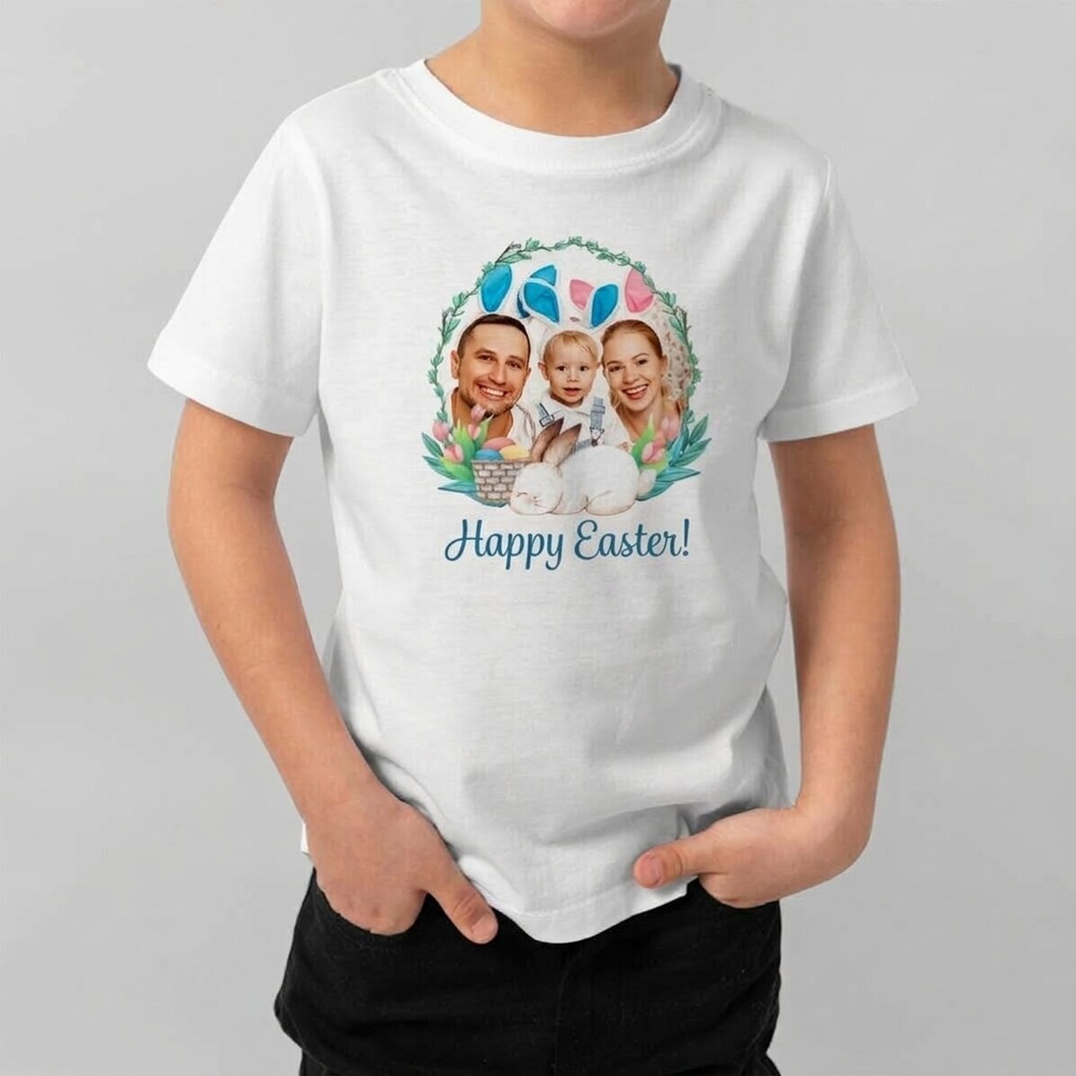 Customised cotton T-shirt for children with a photo and message - Happy Easter!