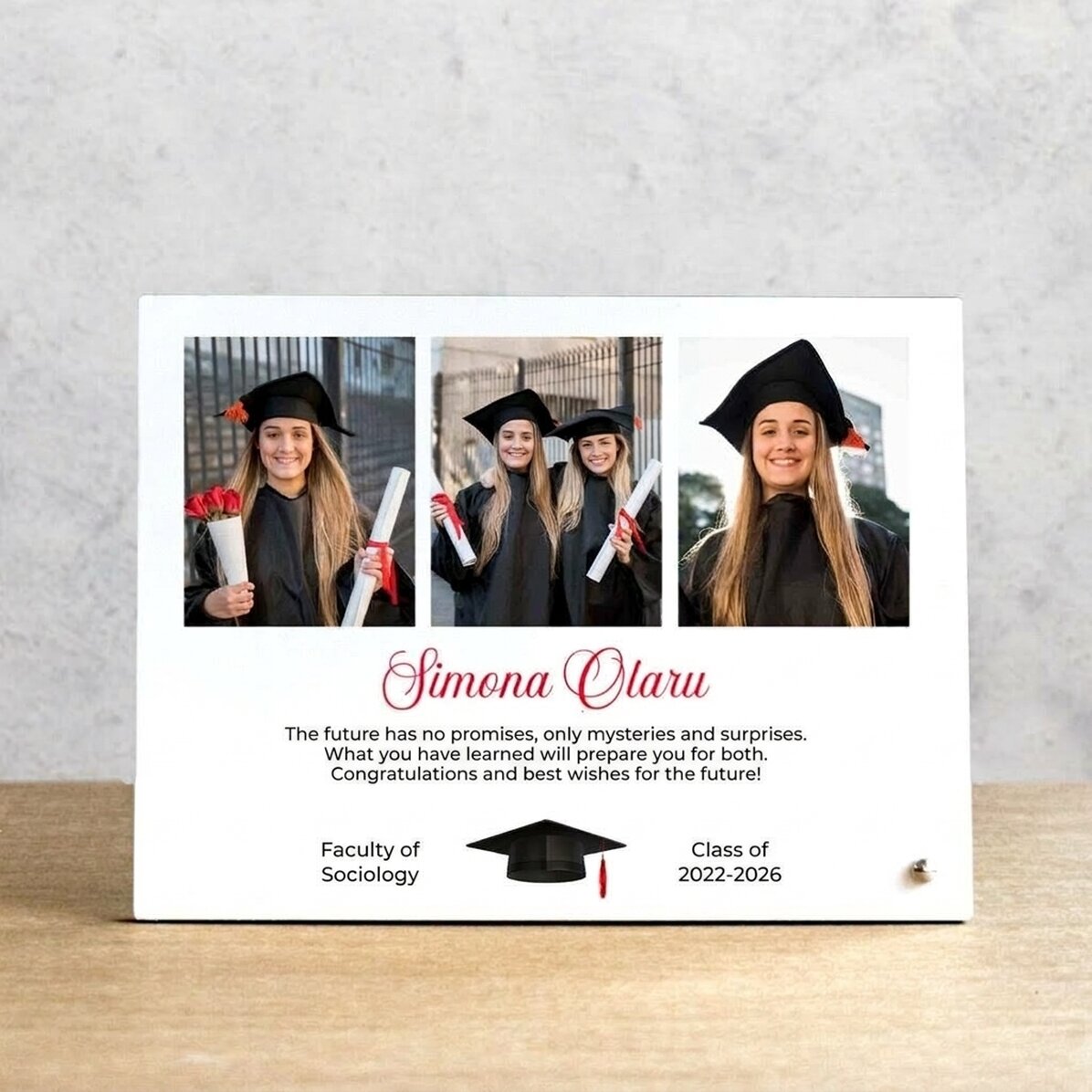 Personalised desk photo frame with 3 photos and text - Graduation