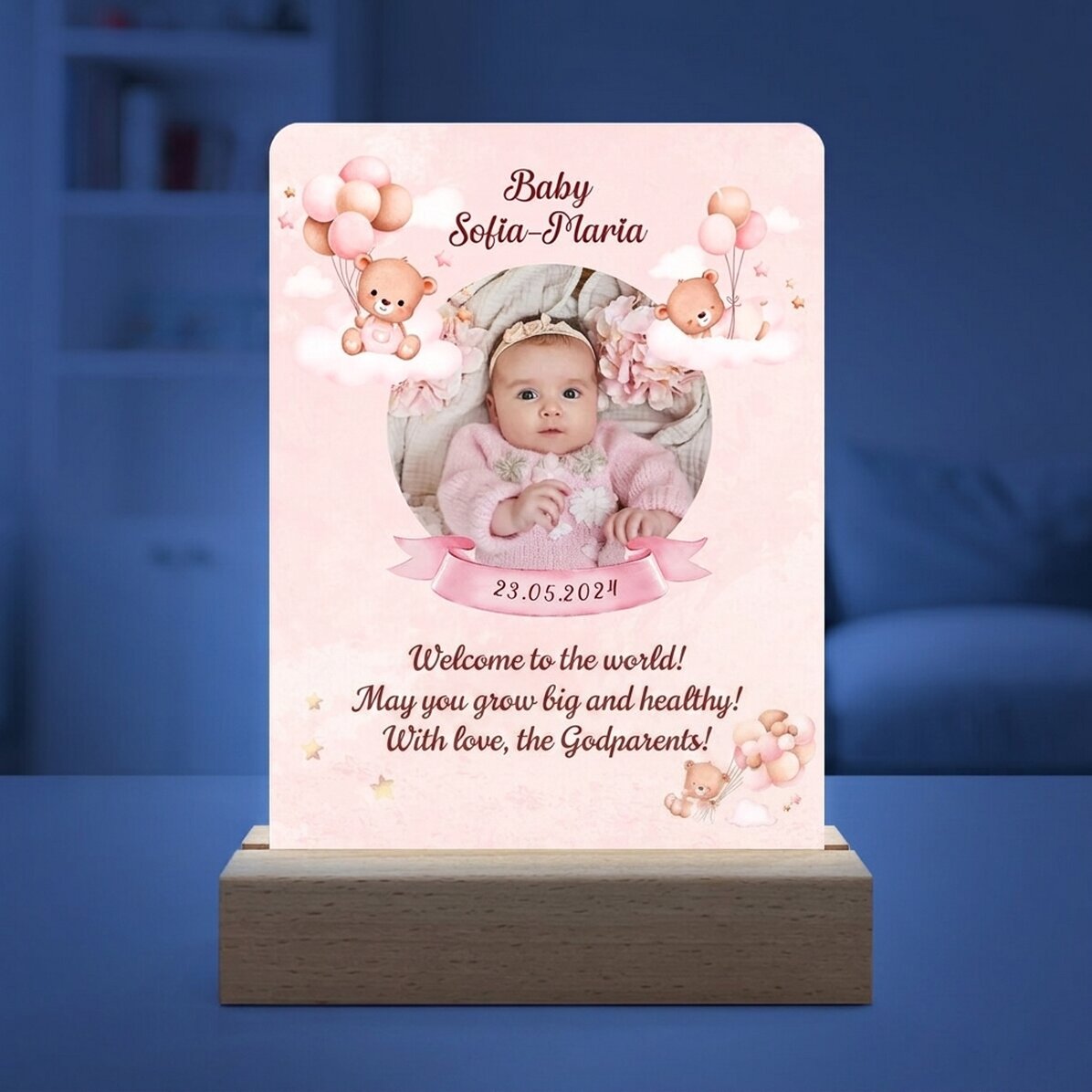 Personalised LED night light with photo and text - Baby Girl