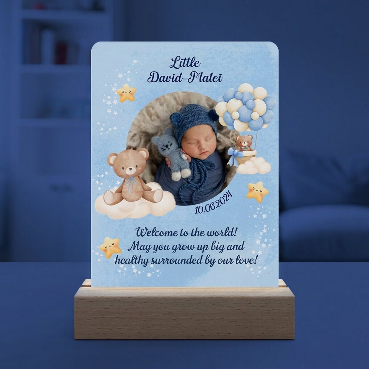 Personalised LED night light with photo and text - Baby Boy
