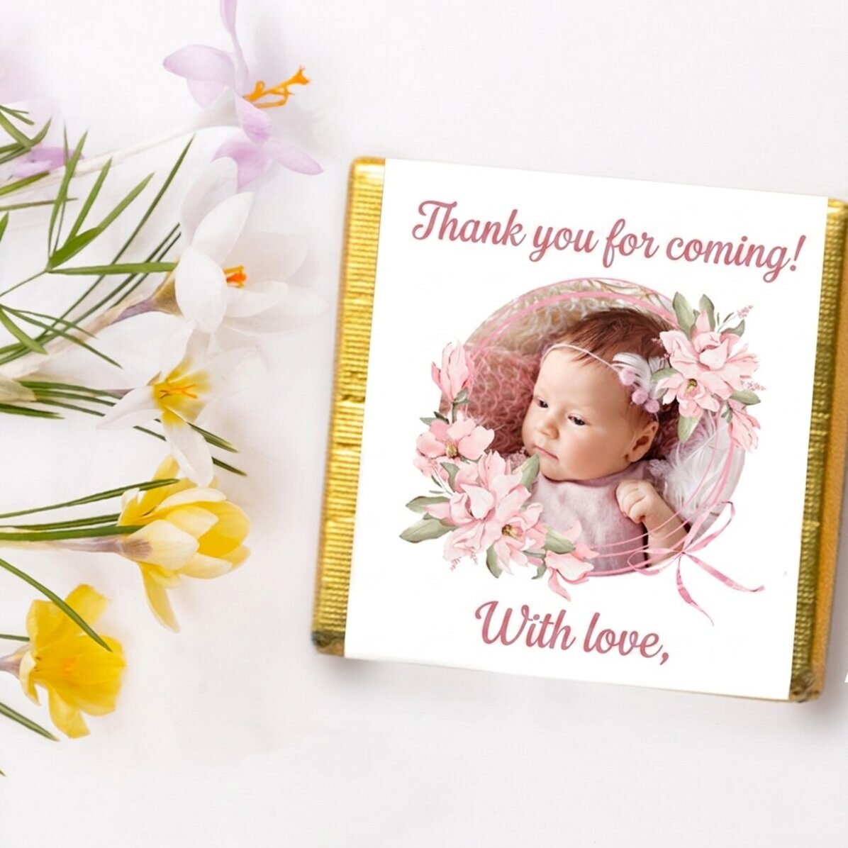Personalised mini chocolate baptism favour with photo and text - Pink
