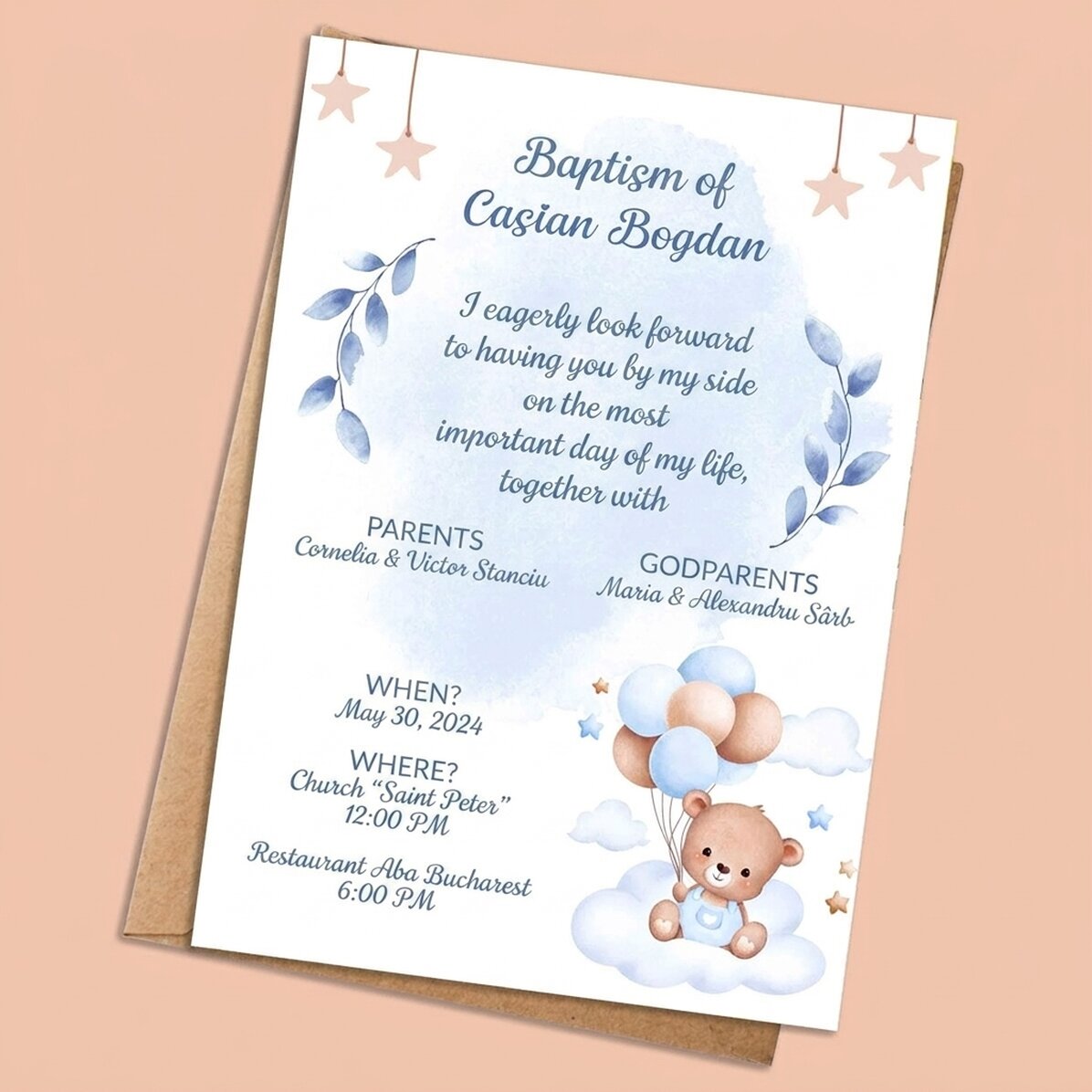 Personalised card with text - christening invitation - Bear