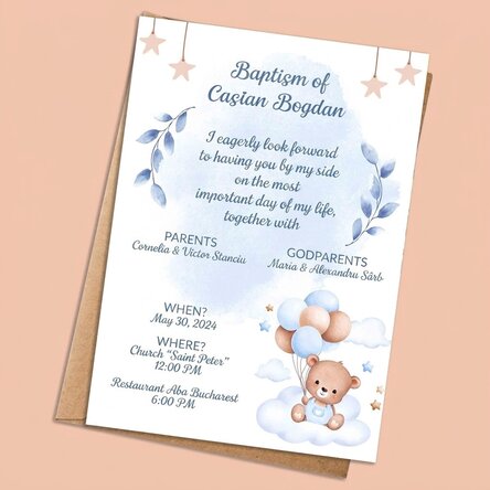 Personalised card with text - christening invitation - Bear