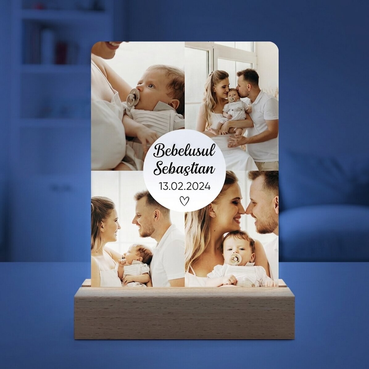 Personalised LED night light with 4 photos and text