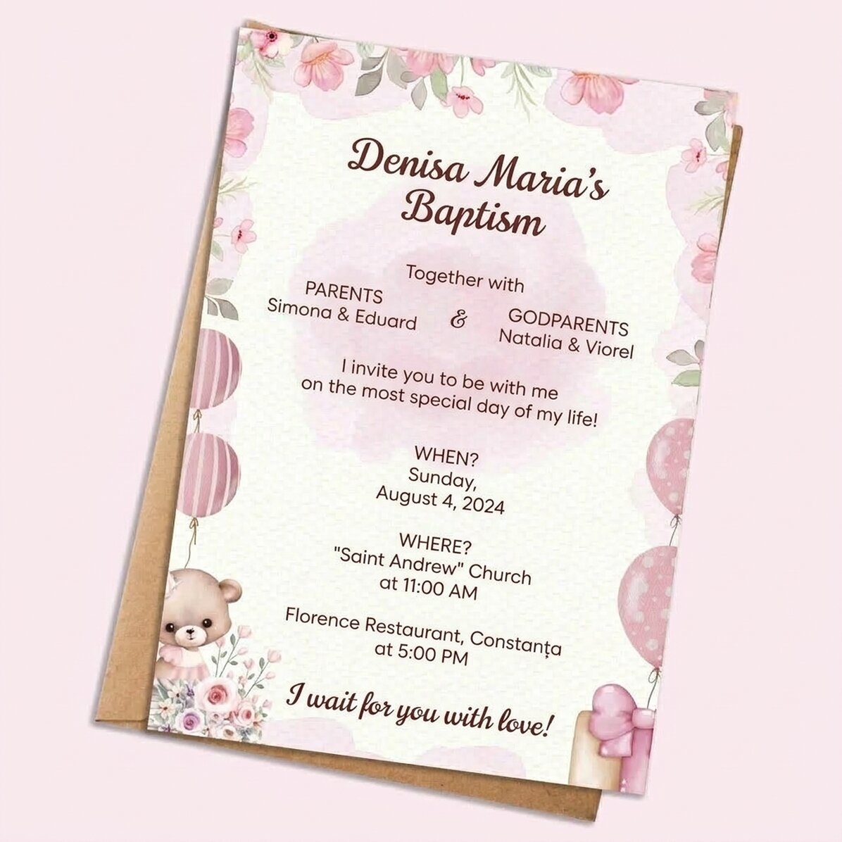 Personalised card with text - christening invitation - Pink
