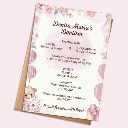 Personalised card with text - christening invitation - Pink