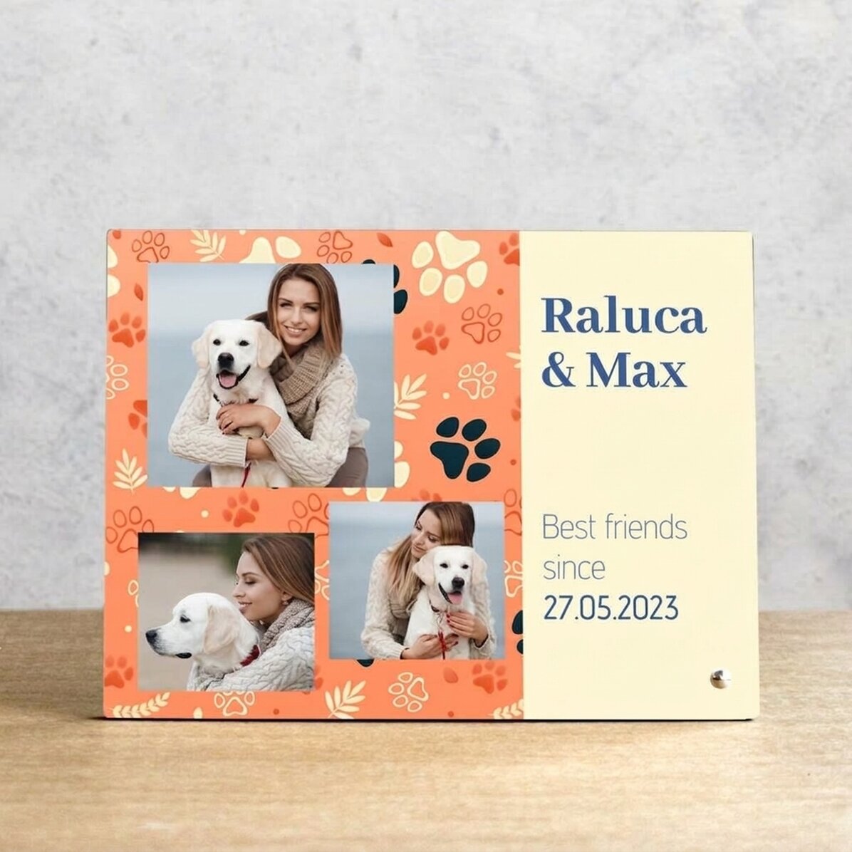 Personalised desk photo frame with 3 photos and text for animal lovers