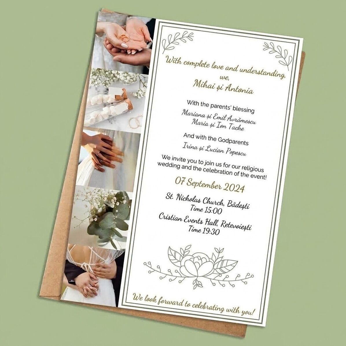 Personalised card with 5 photos and text - Wedding invitation