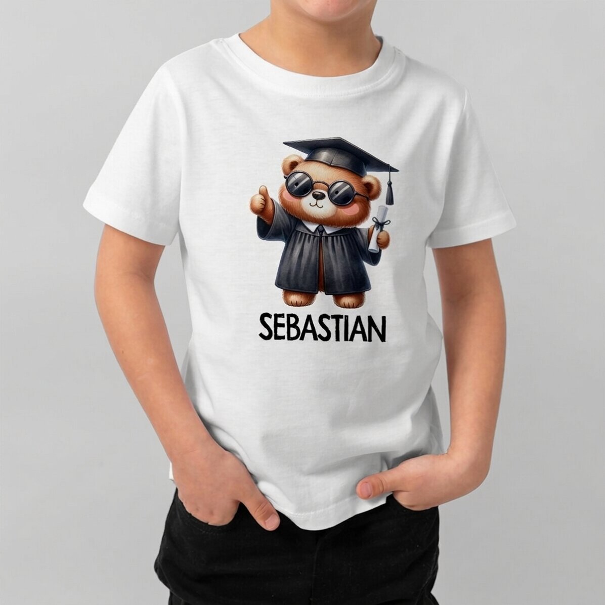 Personalised cotton T-shirt for children with name - Graduate bear
