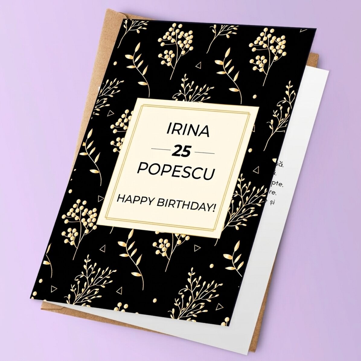 Personalised greeting card with text - Gold flowers