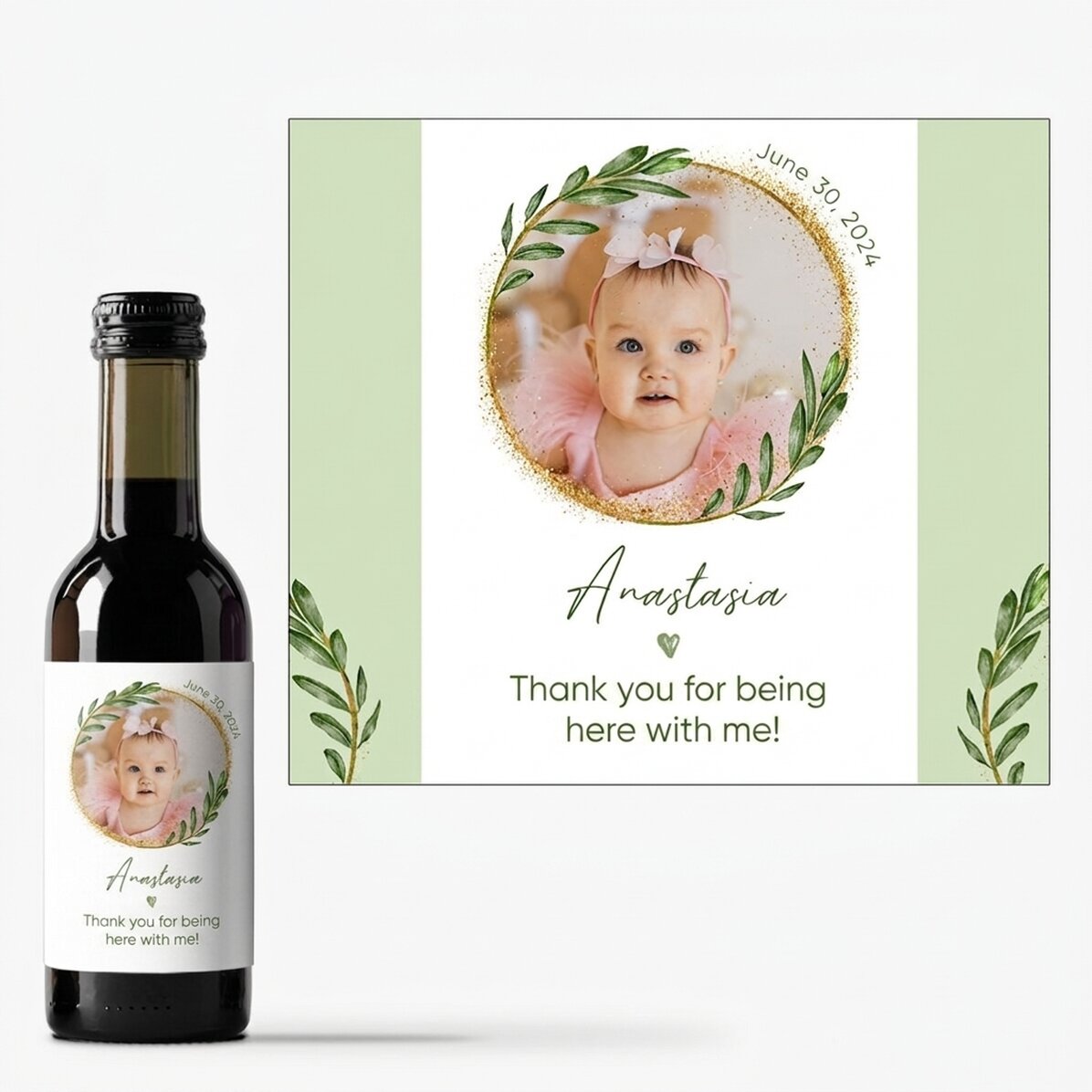Mini wine bottle personalised with a photo and text - Christening gift