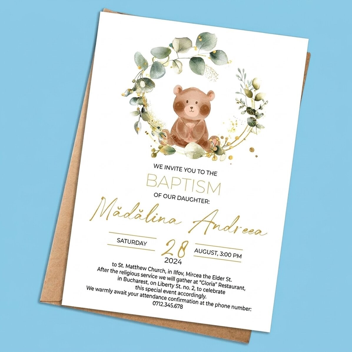 Personalised card with text - Christening invitation - Little Bear