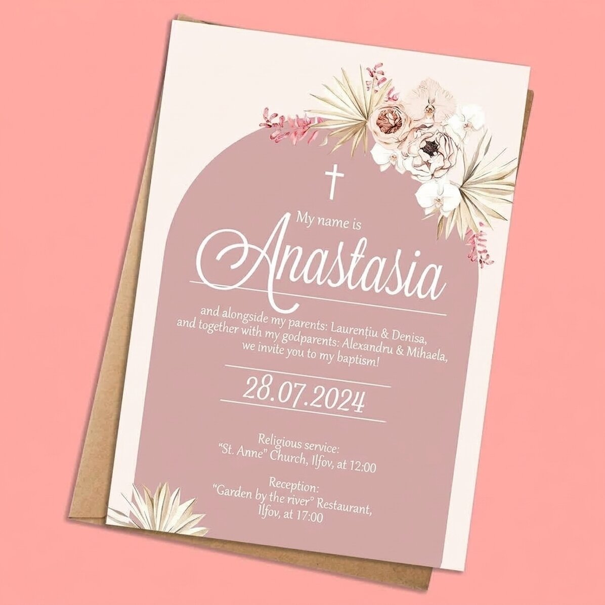 Personalised card with text - Christening invitation - Pink Elegance