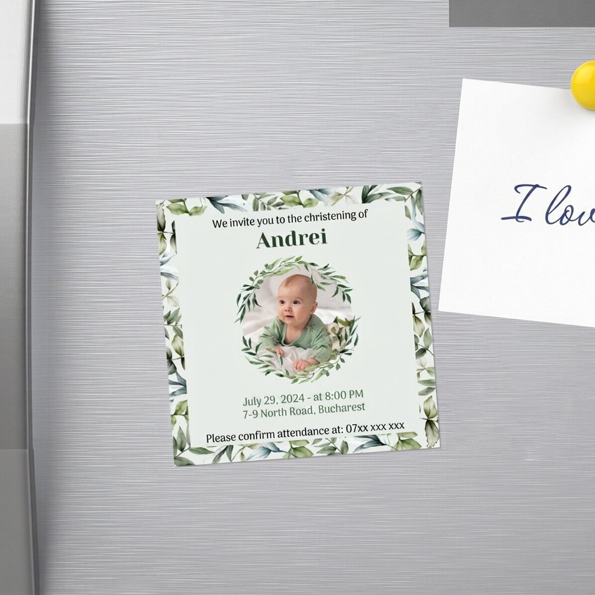 10x10 magnet personalised with a photo and text - Christening Invitation