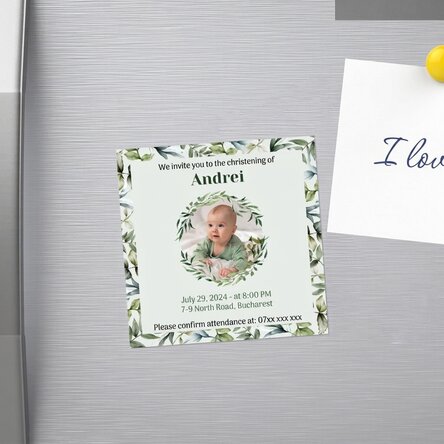 10x10 magnet personalised with a photo and text - Christening Invitation