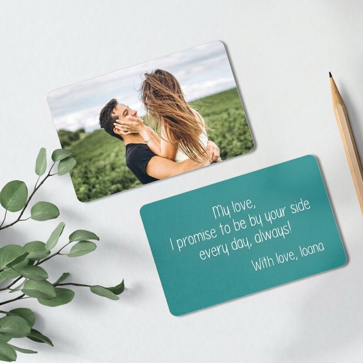 Personalised double-sided aluminium card with a photo and message