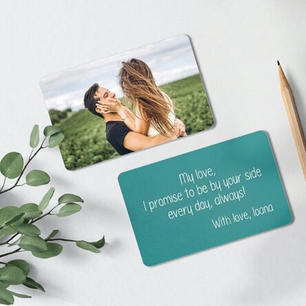 Personalised double-sided aluminium card with a photo and message