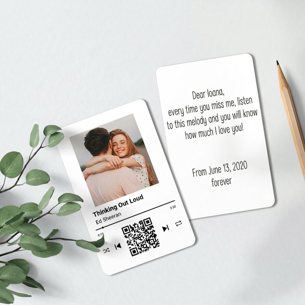Personalised double-sided aluminium card with a photo, message and QR code - Our melody
