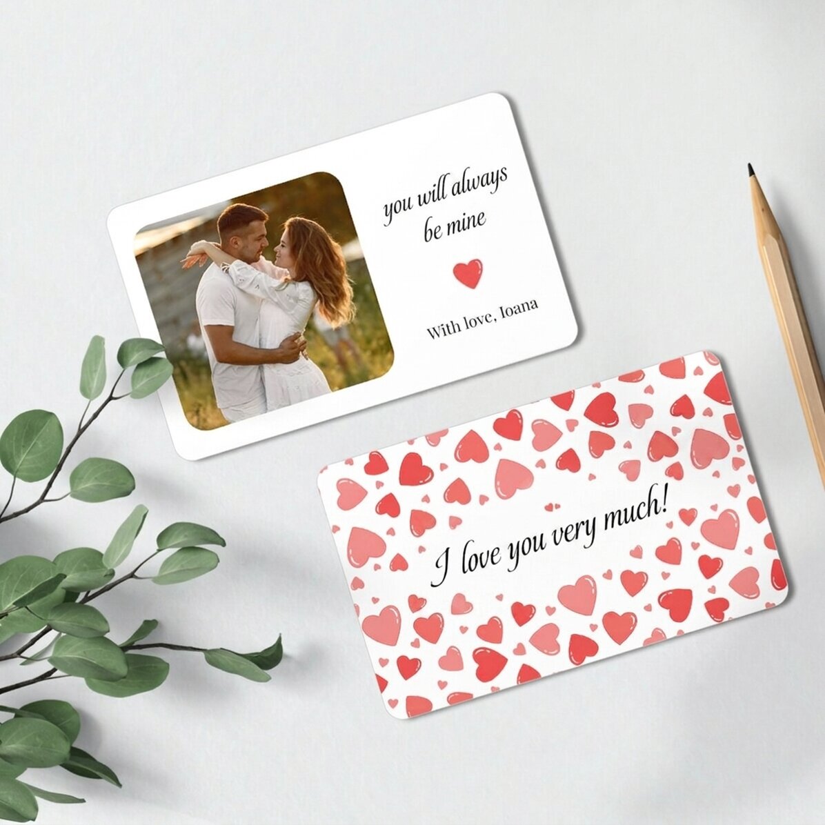 Personalised double-sided aluminium card with a photo and text - Hearts