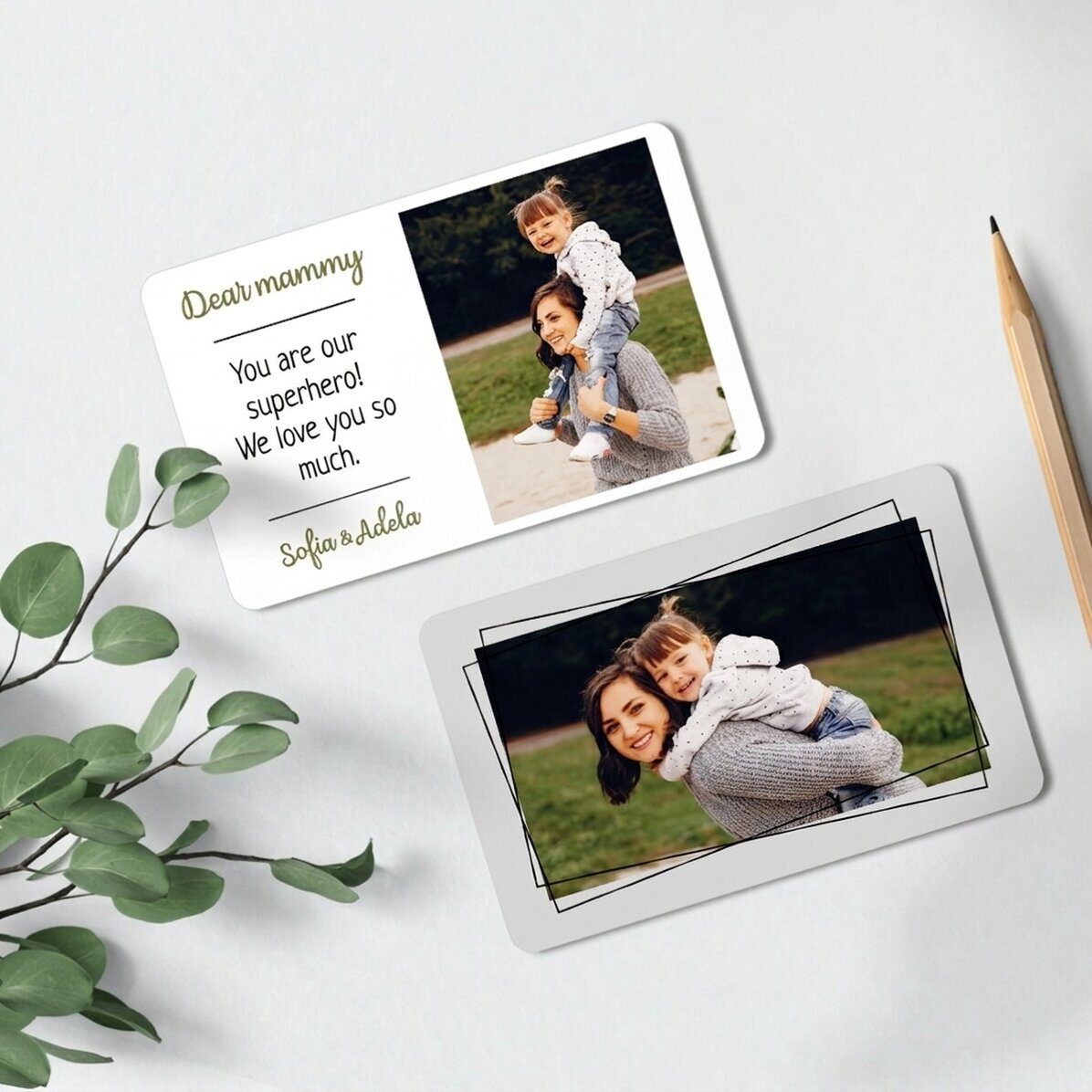 Personalised double-sided aluminium card with 2 photos and message