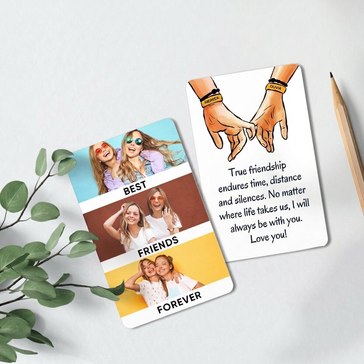 Personalised double-sided aluminium card with message and 3 photos - Friends