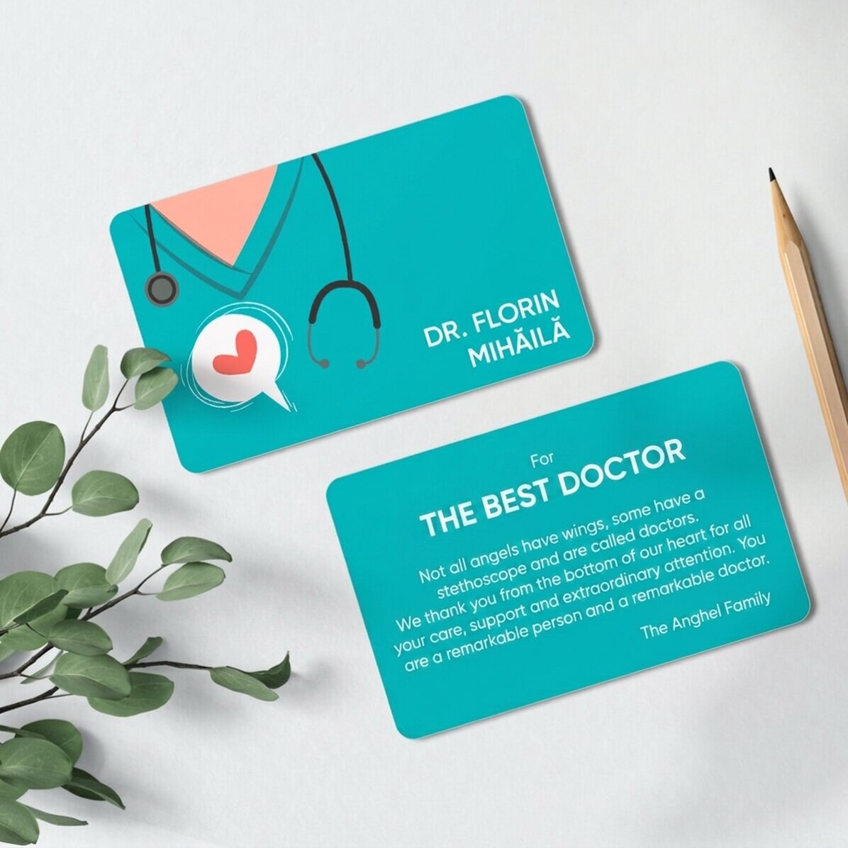 Personalised double-sided aluminium card with message for doctor/nurse