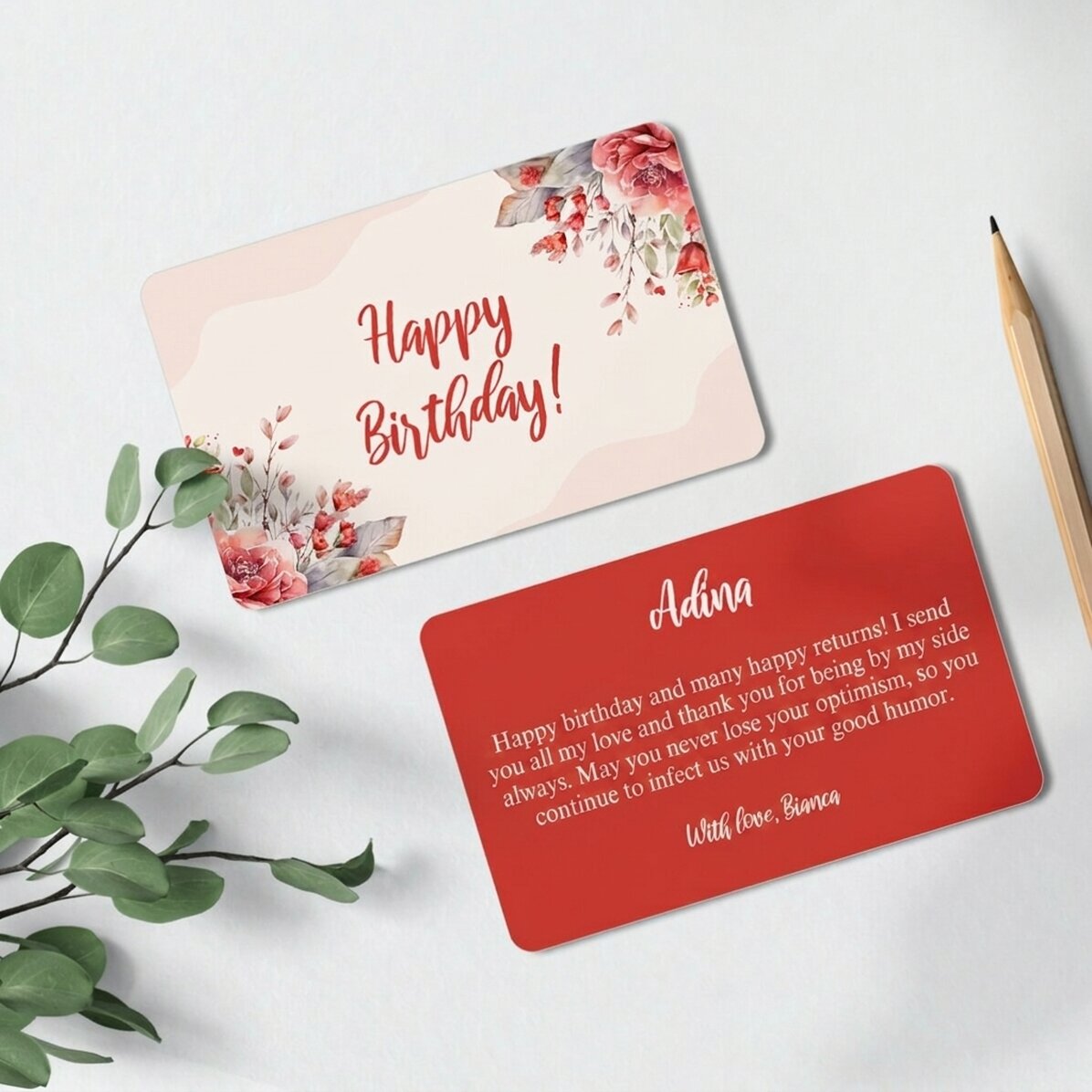 Personalised double-sided aluminium card with message - Happy Birthday!
