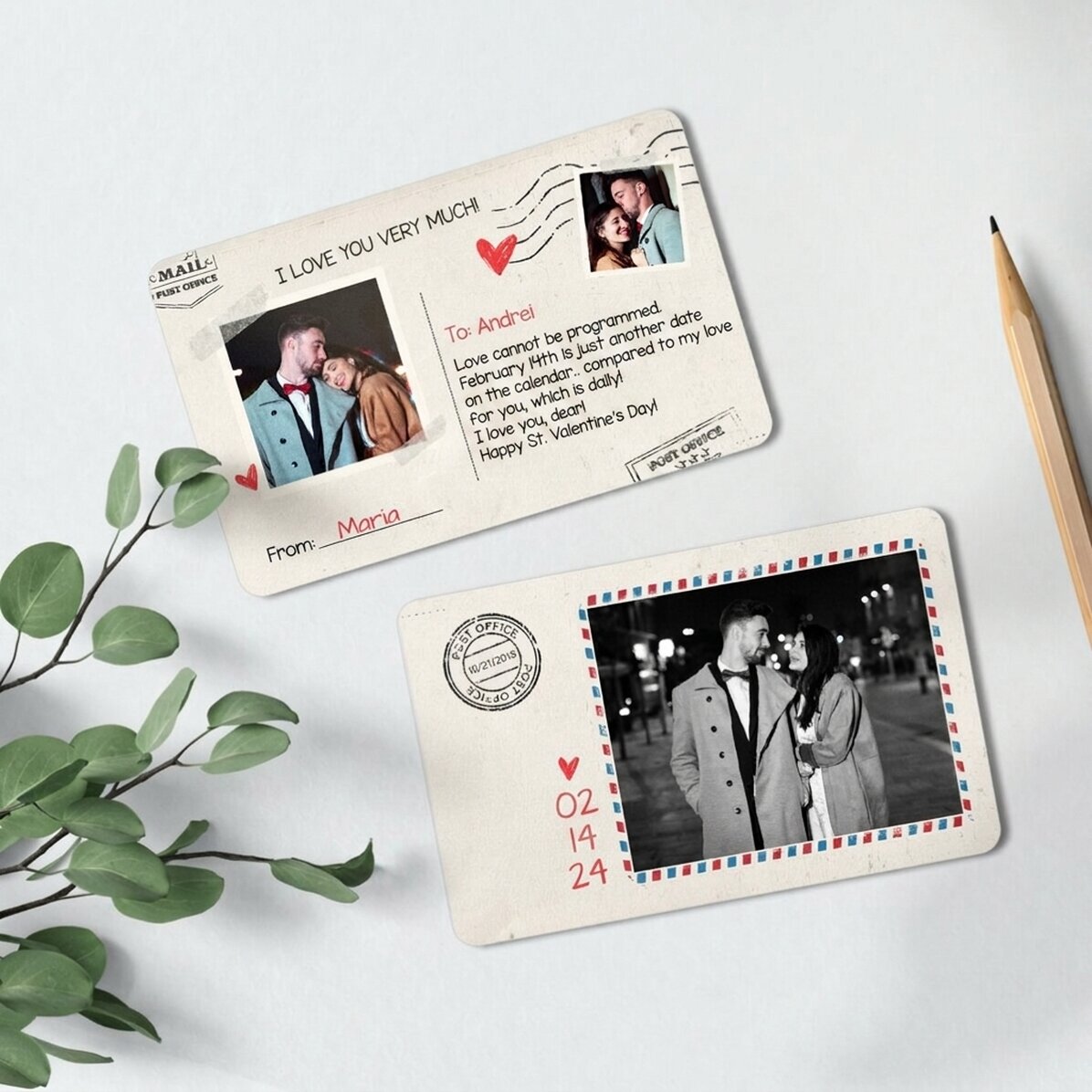 Personalised double-sided aluminium card with text and two photos - Postcard