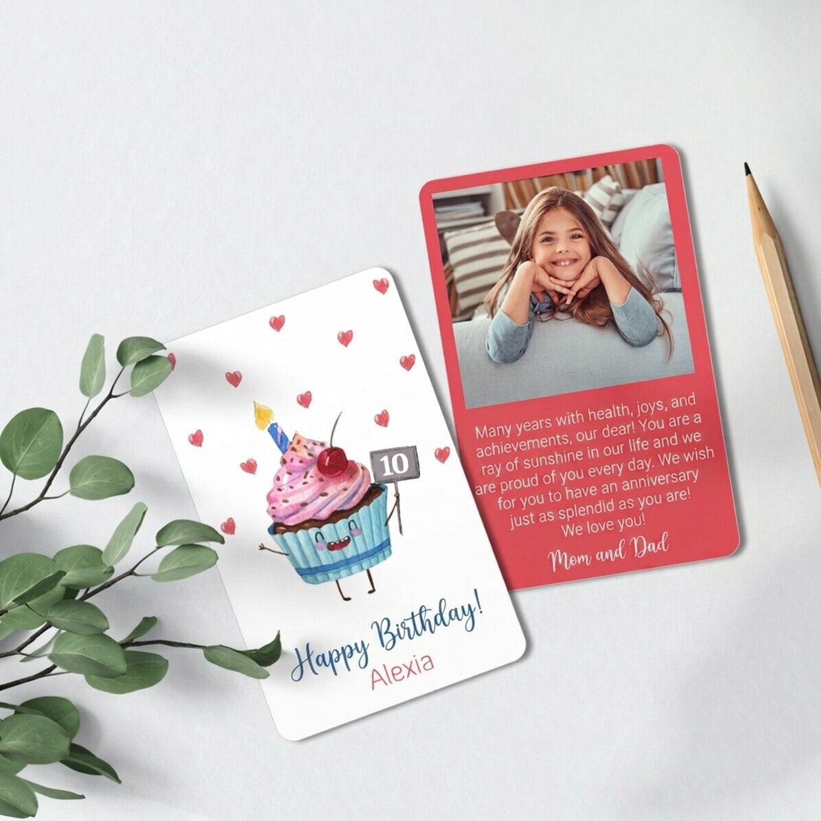 Personalised double-sided aluminium card with message and photo - Cupcake