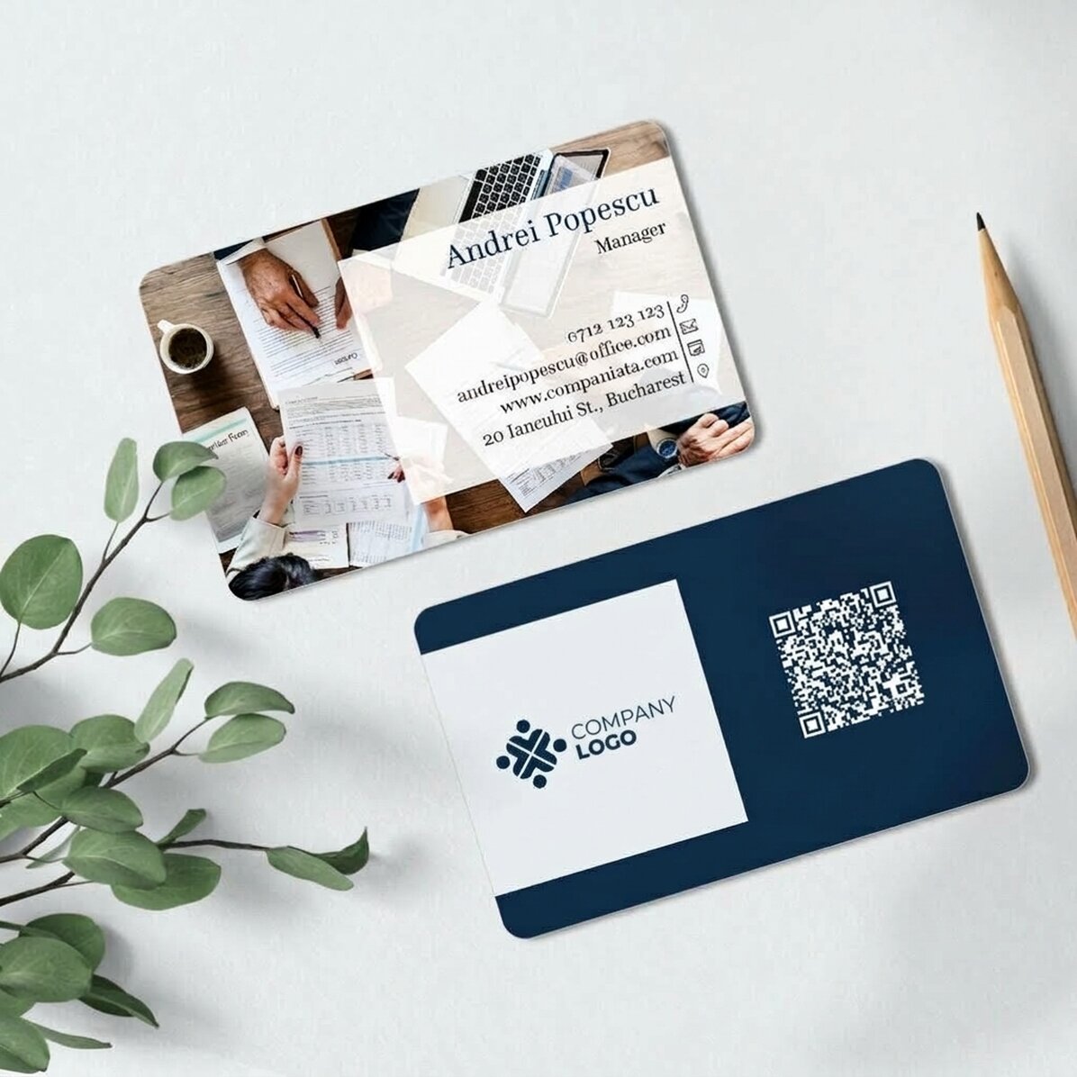Personalised double-sided aluminium business card with QR code and photo