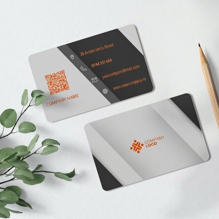Customised double-sided aluminium business card with logo, QR code and text