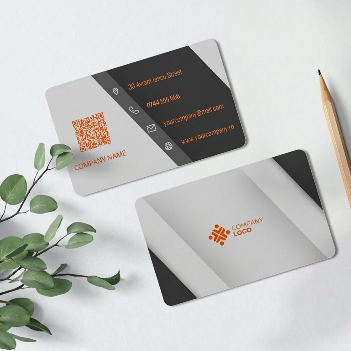 Customised double-sided aluminium business card with logo, QR code and text