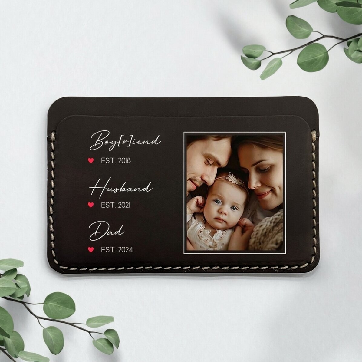 Personalised leather wallet with message and photo