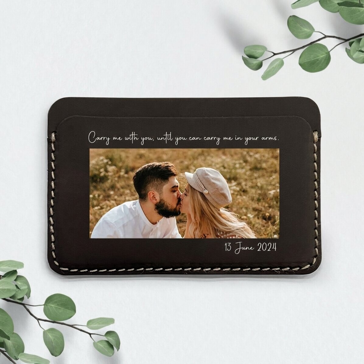 Personalised leather wallet with a photo and message